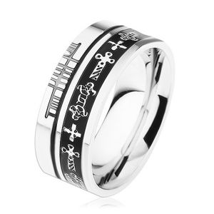 Stalowy pierścionek srebrnego koloru, czarne paski, celtyckie symbole - Rozmiar : 62