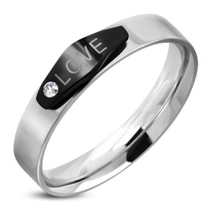 Stalowy pierścionek srebrnego koloru, czarny owal z napisem LOVE i cyrkonią - Rozmiar : 57