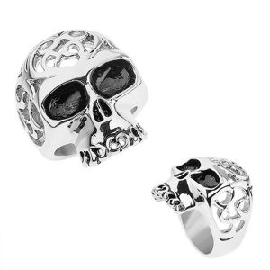 Stalowy pierścionek srebrnego koloru, czaszka z ozdobnymi wycięciami - Rozmiar : 70