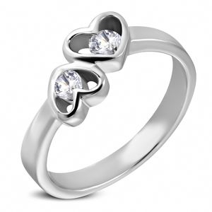 Stalowy pierścionek srebrnego koloru, dwa serca z bezbarwnymi cyrkoniami - Rozmiar : 59
