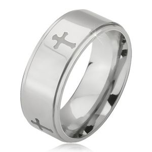 Stalowy pierścionek srebrnego koloru, grawerowane krzyże i obniżone krawędzie, 6 mm - Rozmiar : 55
