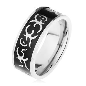 Stalowy pierścionek srebrnego koloru, lśniący czarny pas ozdobiony motywem tribala  - Rozmiar : 64