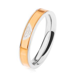 Stalowy pierścionek srebrnego koloru, lśniący pas w złotym odcieniu, węzeł celtycki - Rozmiar : 53