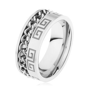 Stalowy pierścionek srebrnego koloru, nacięcie z łańcuszkiem, grecki klucz - Rozmiar : 65