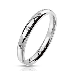 Stalowy pierścionek srebrnego koloru - okrągłe przezroczyste cyrkonie, 3 mm - Rozmiar : 51