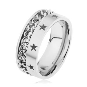 Stalowy pierścionek srebrnego koloru ozdobiony łańcuszkiem i gwiazdeczkami - Rozmiar : 59