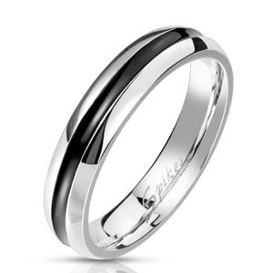 Stalowy pierścionek srebrnego koloru - pasek z czarną emalią, 4 mm - Rozmiar : 60