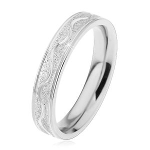 Stalowy pierścionek srebrnego koloru, piaskowany pas z lśniącą falą, 4 mm - Rozmiar : 57