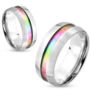 Stalowy pierścionek srebrnego koloru, tęczowy pas, podwyższone krawędzie, 8 mm - Rozmiar : 60