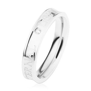Stalowy pierścionek srebrnego koloru, wydrążony środek, przezroczysta cyrkonia, ETERNAL LOVE - Rozmiar : 60