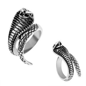 Stalowy pierścionek srebrnego koloru, wypukła patynowana kobra - Rozmiar : 62