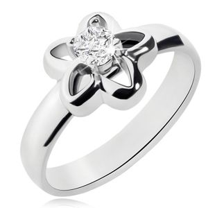 Stalowy pierścionek srebrnego koloru, zarys kwiatu z przezroczystą cyrkonią - Rozmiar : 56