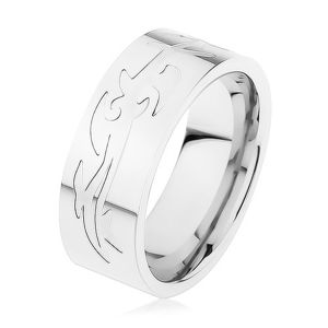 Stalowy pierścionek, srebrny kolor, grawerowany wzór tribala - Rozmiar : 61