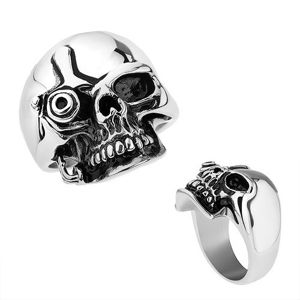 Stalowy pierścionek, srebrny kolor, lśniąca patynowana czaszka w stylu Terminatora - Rozmiar : 59