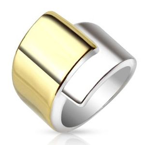 Stalowy pierścionek, szerokie nałożone na siebie ramiona złotego i srebrnego koloru - Rozmiar : 54