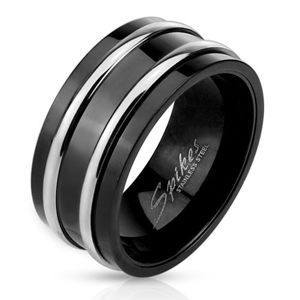 Stalowy pierścionek w czarnym kolorze - dwie cienkie lśniące obręcze w srebrnym kolorze - Rozmiar : 70