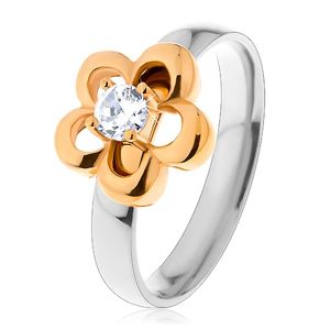 Stalowy pierścionek w dwukolorowej wersji, zarys kwiatu z podwyższoną bezbarwną cyrkonią - Rozmiar : 49