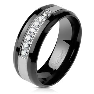 Stalowy pierścionek w kolorze czarno-srebrnym - przezroczysty cyrkoniowy pasek, 8 mm - Rozmiar : 60