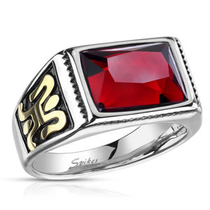 Stalowy pierścionek w kolorze srebrnym z czerwonym kryształem - ornament z boku, czarna emalia, 13 mm - Rozmiar : 57