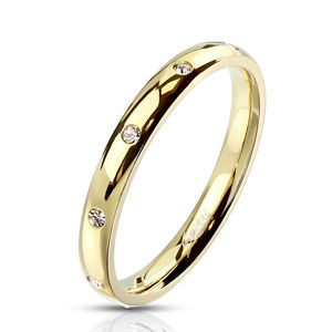 Stalowy pierścionek w kolorze złota - okrągłe cyrkonie bezbarwnego koloru, 3 mm - Rozmiar : 57