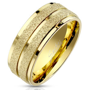 Stalowy pierścionek w kolorze złotym - dwa piaskowane po obwodzie paski, 8 mm - Rozmiar : 65