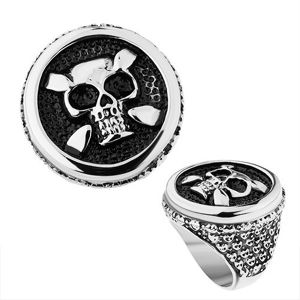 Stalowy pierścionek w srebrnym odcieniu, koło, patynowana czaszka, serca, kropki - Rozmiar : 69