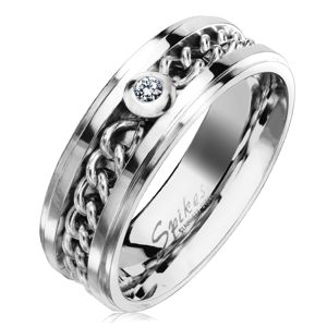 Stalowy pierścionek w srebrnym odcieniu z łańcuszkiem i przezroczystą cyrkonią, 7 mm - Rozmiar : 54