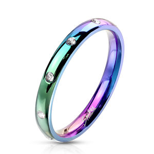 Stalowy pierścionek w tęczowym kolorze - okrągłe bezbarwne cyrkonie, 3 mm - Rozmiar : 49