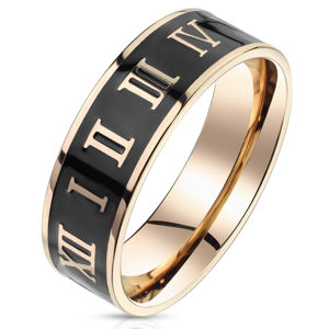 Stalowy pierścionek w złoto-różowym wzorze - cyfry rzymskie, pasek z czarną emalią, 6 mm - Rozmiar : 49