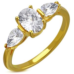 Stalowy pierścionek w złotym kolorze - bezbarwne błyszczące cyrkonie, cyrkoniowe łezki - Rozmiar : 54