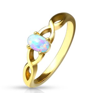 Stalowy pierścionek w złotym kolorze - opal z tęczowymi refleksami, splecione ramiona - Rozmiar : 59