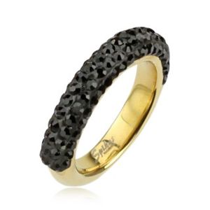 Stalowy pierścionek w złotym kolorze ozdobiony czarnymi cyrkoniami - Rozmiar : 60