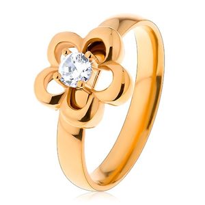 Stalowy pierścionek w złotym odcieniu, kwiatek, podwyższona okrągła cyrkonia bezbarwnego koloru - Rozmiar : 49