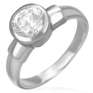Stalowy pierścionek z dużym cyrkoniowym oczkiem w metalowej oprawie - Rozmiar : 59