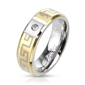 Stalowy pierścionek z greckim wzorem - pozłacany z cyrkonią - Rozmiar : 52