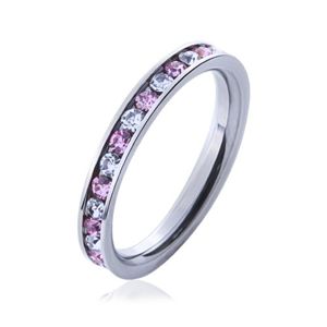 Stalowy pierścionek z kamyczkami różowego i przeźroczystego koloru  - Rozmiar : 58