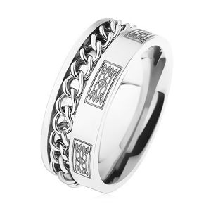 Stalowy pierścionek z łańcuszkiem, srebrny kolor, ornamenty - Rozmiar : 62