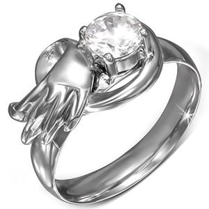 Stalowy pierścionek z okrągłą bezbarwną cyrkonią, anielskie skrzydło - Rozmiar : 60