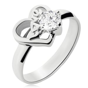 Stalowy pierścionek z przezroczystym kamyczkiem, zarys asymetrycznego serca, Love - Rozmiar : 57