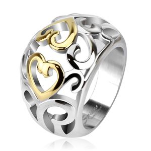 Stalowy pierścionek z wycinanym ornamentem, złoto-srebrny - Rozmiar : 52