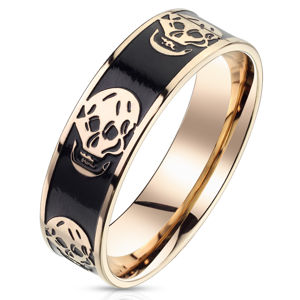 Stalowy pierścionek z wzorem uśmiechniętej czaszki - pasek z czarną emalią, kolor miedziany, 6 mm - Rozmiar : 70