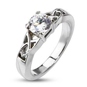 Stalowy pierścionek zaręczynowy - plecionka wokół okrągłej cyrkoni - Rozmiar : 48