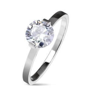 Stalowy pierścionek zaręczynowy srebrnego koloru, okrągła bezbarwna cyrkonia, lśniące ramiona - Rozmiar : 57