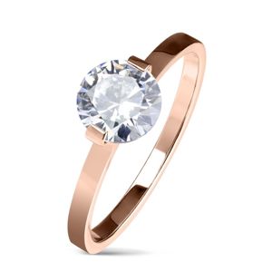 Stalowy pierścionek zaręczynowy w kolorze miedzi, okrągła bezbarwna cyrkonia, lśniące ramiona - Rozmiar : 60