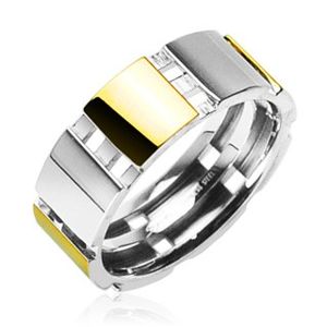 Stalowy pierścionek ze złotymi elementami - Rozmiar : 62