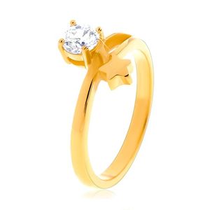 Stalowy pierścionek złotego koloru, gwiazda i okrągły bezbarwny cyrkon - Rozmiar : 54
