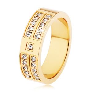 Stalowy pierścionek złotego koloru, ozdobne pasy i kwadraty z przezroczystych cyrkonii - Rozmiar : 60