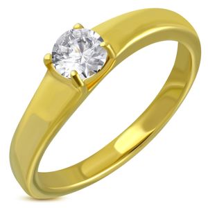 Stalowy pierścionek złotego koloru, podniesiona okrągła bezbarwna cyrkonia - Rozmiar : 59