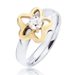 Stalowy pierścionek, złoty kontur kwiatu z przeźroczystą okrągłą cyrkonią - Rozmiar : 51