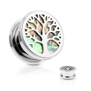 Stalowy tunel do ucha, drzewo życia, krąg z muszli Abalone, kolor srebrny - Szerokość: 12 mm